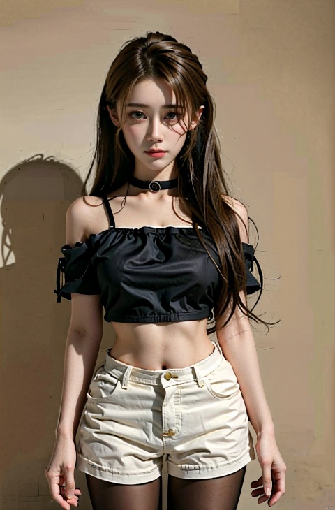  nai3, 1girl, shorts, solo, crop top, choker, pencil skirt, skirt, , navel, shirt, midriff, crop top overhang, looking at viewer, white shirt, jewelry, breasts, cowboy shot, bare shoulders, off-shoulder shirt, off shoulder, black choker, thighs, stomach, hand on own thigh, long hair, bracelet, short sleeves, ribbon, hand up, collarbone, hair ribbon, medium breasts, standing, , , bra strap, kind smile, hair ornament, thigh gap, bangs, necklace, expressionless,, , , blackpantyhose, , Dynamic pose, aimeibo,blonde hair