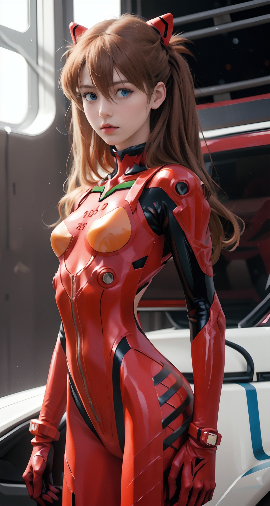 1girl,solo,looking at viewer,
souryuuasukalangley, orange hair, blue eyes, hair between eyes,headgear, plugsuit 02, 
