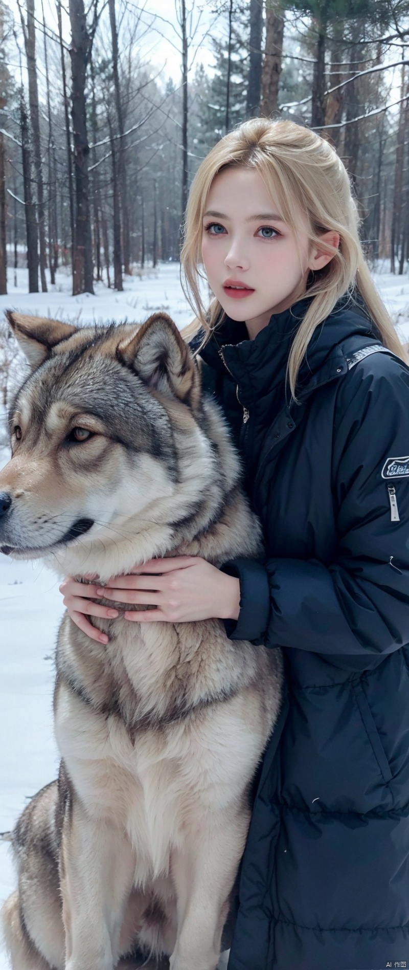  Blonde girl in the icy forest next to a big brown wolf.