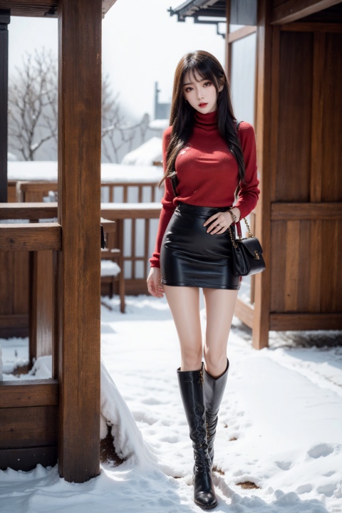  A 20-year-old girl wearing (red turtleneck knitted sweater) and (long leather boots) has a full-body lens, full-body photo, thin legs, slender figure, hourglass figure, extremely beautiful and delicate, (light makeup), brown hair, sweet smile, delicate and white skin, realistic, delicate and complete facial features, detailed facial depiction, Qiong nose and vermilion lips, soft and smooth hair, soft temperament, face lighting, realism, 8K picture quality, extreme details, master works, beautiful, pure desire, beautiful, 8k resolution, facing the middle scene of the camera, walking in the snow, 1girl,skirt,handbag,hand_on_hip,underwear,jacket