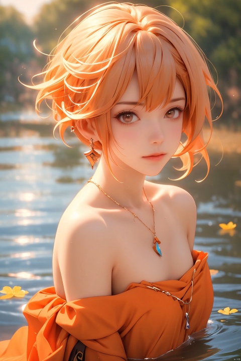  1girl,Short hair, earrings, necklaces, orange hair, off shoulder, chest, water, looking at the audience, the fallen leaves on the water,partially submerged, sunset, afterglow, evening,yoimiya (genshin impact)