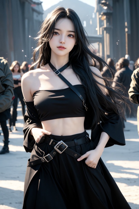  best quality,masterpiece,simple background,1girl,smile,solo,solo focus,saori \(blue archive\),long hair,black hair,halo,standing,looking at viewer,glowing eye,open clothes,off shoulder,coat,crop top,chest harness,black pants,thigh holster,snap-fit buckle,close-up,hand in pocket,