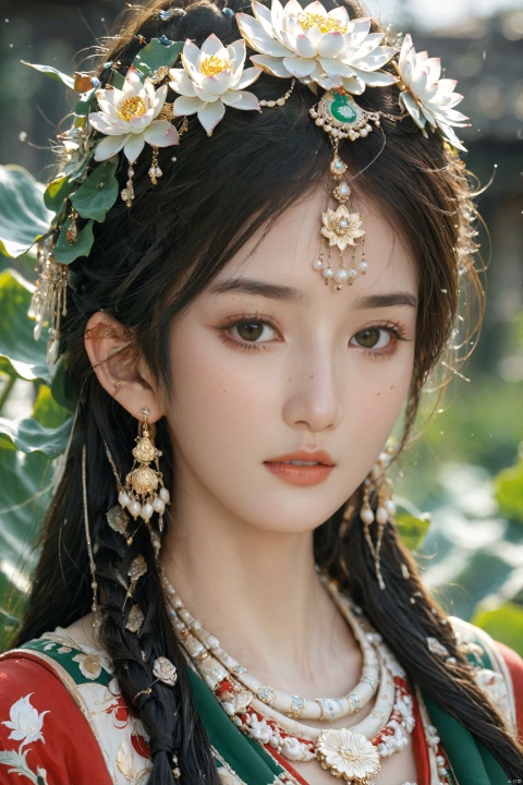  Detailed high, high precision, high quality, the UHD, 16 k, rich details, abundant element, shows that a girl, beautiful, lotus, lotus leaf, pearlygates, traditional clothing, clothing patterns, miao clothing headwear, Face Score, MAJICMIX STYLE, arien_hanfu, monkren