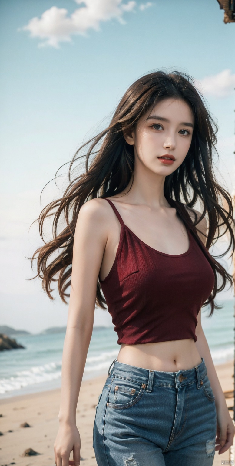  masterpiece,8K,best quality,1girl,smile,navel,long hair,breasts,solo,denim,looking at viewer,midriff,realistic,blurry background,blurry,medium breasts,**** top,pants,black red hair,jeans,brown hair,teeth,crop top,brown eyes,red lips,hands in pockets,long hair,massive hair,light behind hair,hair in front,her hair rested on her shoulders,sun behind,(from below:0.3),slim hip,float hair,floating hair,flying hair,hair blown by the wind,white clouds behind,the broken hair in the front,messy shaggy hair,dust blown by the wind,mist in front,,best quality,ultra high res,ice magic,light particles,sparkle,backlighting,loli,little girl,(child:0.5),13yo,rubber mesh clothes,(black and vibrant ruby red color),art by agnes cecile and agostino arrivabene and alberto dros,drawing,freeform,swirling patterns,doodle art style,littlegirl,child