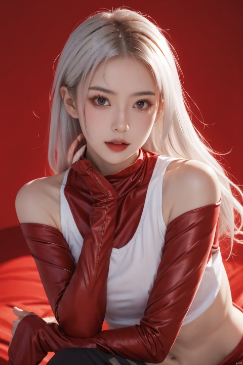  1 girl,electricity,makeup,red armor,white hair,Off shoulder, yunqing