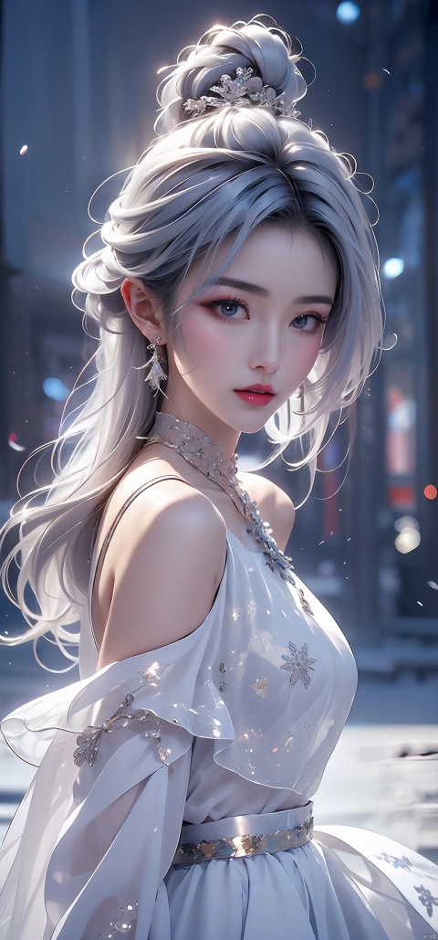  ((best quality)), ((masterpiece)), ((ultra-detailed)), extremely detailed CG, (illustration), ((detailed light)), (an extremely delicate and beautiful), a girl, solo, ((upper body,)), ((cute face)), expressionless, (beautiful detailed eyes), full breasts, (medium breasts:1.2), blue dragon eyes, (Vertical pupil:1.2), white hair, shiny hair, colored inner hair, [Armor_dress], blue_hair ornament, ice adorns hair,depth of field, [ice crystal], (snowflake), [loli], [[[[[Jokul]]]]], 21yo girl,