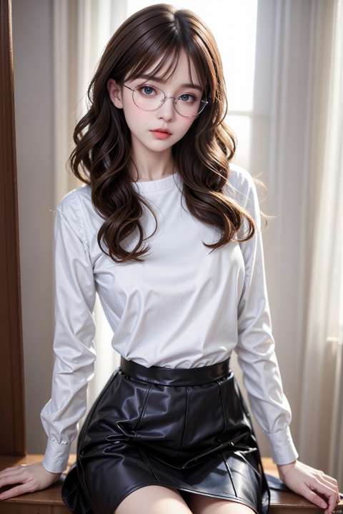  curlies,Eyes are exquisite and delicate,Wearing glasses and light hair,White sexy open chest sweater,Exposed busts,Leather hip skirt, Face Score, light master, monkren, bailing_metal