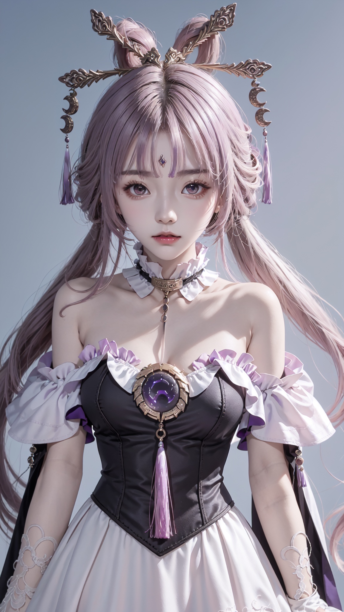 masterpiece,best quality,1girl,fuxuan,(purple hair::1.2),long hair,twintails,hair rings,hair ornament,forehead jewel,brown eyes,detached collar,dress,bare shoulders,tassel,white gloves,simple background,1girl,huliya,pink hair,full_body