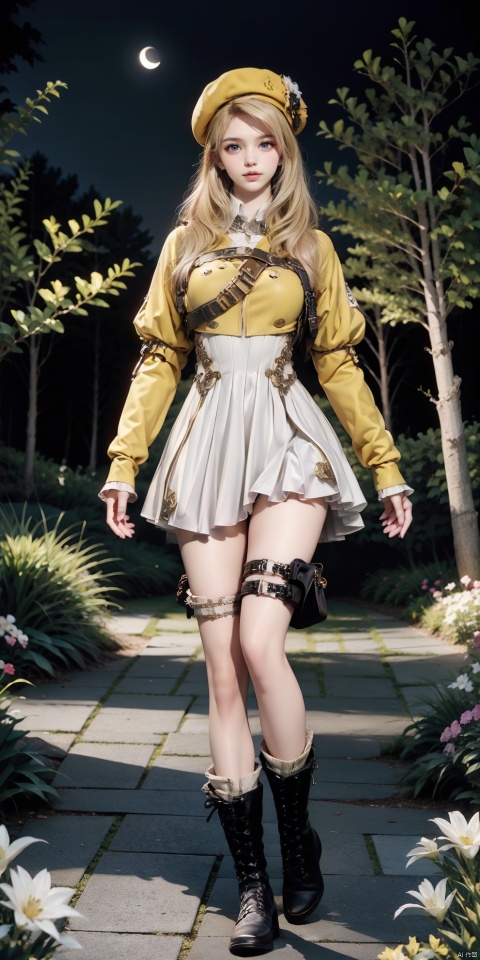 YYY,1girl,solo,(boots:1.1),blonde hair,long hair,hat,(yellow beret:1.5),black footwear,looking at viewer,dress,long sleeves,blue eyes,holster,skirt,thigh strap,short dress,white dress,moon,flower,night,outdoors,sky,nature,star \(sky\),, (raw photo:1.2),((photorealistic:1.4))best quality,masterpiece,illustration,an extremely delicate and beautiful,extremely detailed,CG,unity,8k wallpaper,Amazing,finely detail,masterpiece,best quality,official art,extremely detailed CG unity 8k wallpaper,absurdres,incredibly absurdres,huge filesize,ultra-detailed,highres,extremely detailed,beautiful detailed girl,cinematic lighting,1girl,pale skin,tall female,(perfect body shape),skinny body,Slender legs,