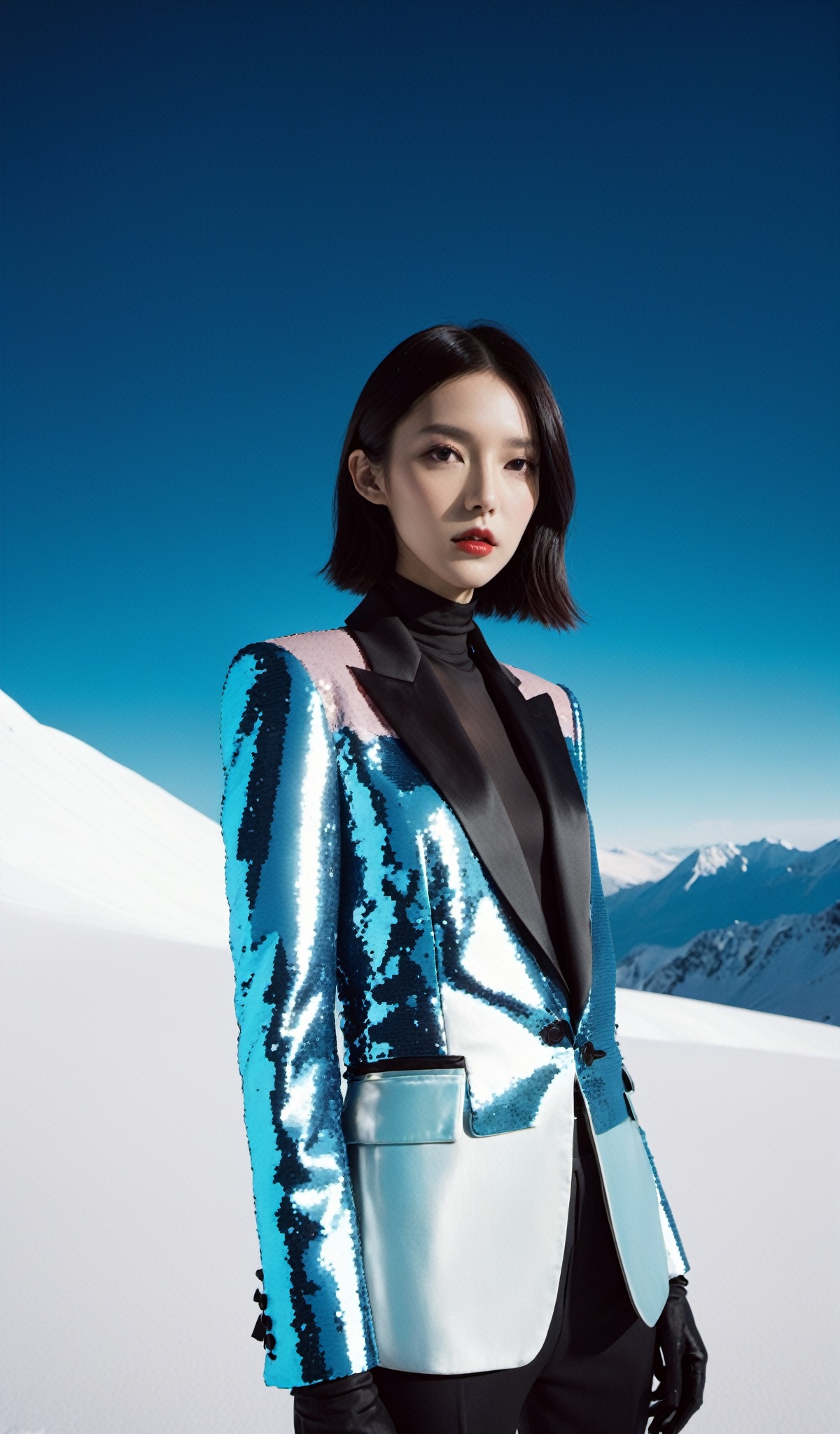 lovecraftian horror , eldritch, cosmic horror, unknown, mysterious, surreal, highly detailed, Fujifilm FP-100C, Tom Ford sequin-embellished tuxedo jacket with satin lapels, positive space composition, Rick Owens (瑞克·欧文斯), girl, 1girl, solo,Snow Mountain,coocolor,FilmGirl