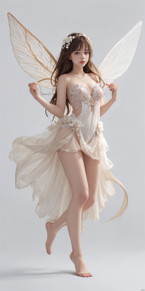  1girl, dance, Fairy, crystal, jewels,black, wings,Holy Light,As white as rosy clouds, 
solo, long hair, blonde hair, simple background, brown hair, hair ornament, white background, dress, bare shoulders, very long hair, full body, flower, wings, barefoot, hair flower, strapless, fairy wings, fairy