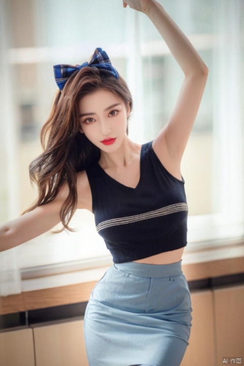 yebin, 1girl, solo,cowboy shot, skirt, brown hair, underwear, red eyes, shirt, sleeveless,(from below),low angle shot,bra visible through clothes,huge breasts, white shirt,(bow),(bent over),black pantyhose, looking at viewer, id card, sleeveless shirt, see-through, lips, high-waist skirt, office lady, indoors, striped, armpits, pencil skirt, blurry background, arms up, blurry,depth of field,