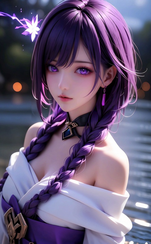  1girl,urple hair, purple eyes, (blue fire,magic),(glowing eyes:1.3), chest,electricity, lightning, purple magic, aura,Close-up,Off Shoulder,Front view, backlight,looking at viewer,braids,very long hair,hair flowe,tarry sky ,water,Rain,night,