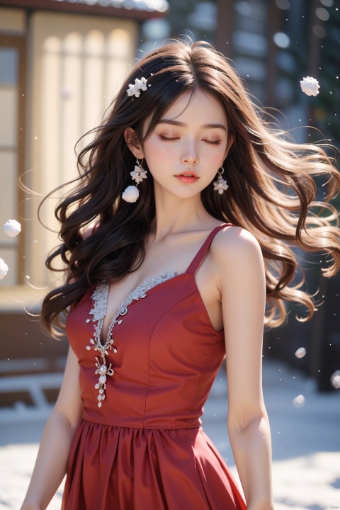  masterpiece, best quality, realistic, photorealistic, official art, extremely detailed, upper body, 1girl, red dress, ice and snow world, solo, skinny, wind, closed eyes, oh,
