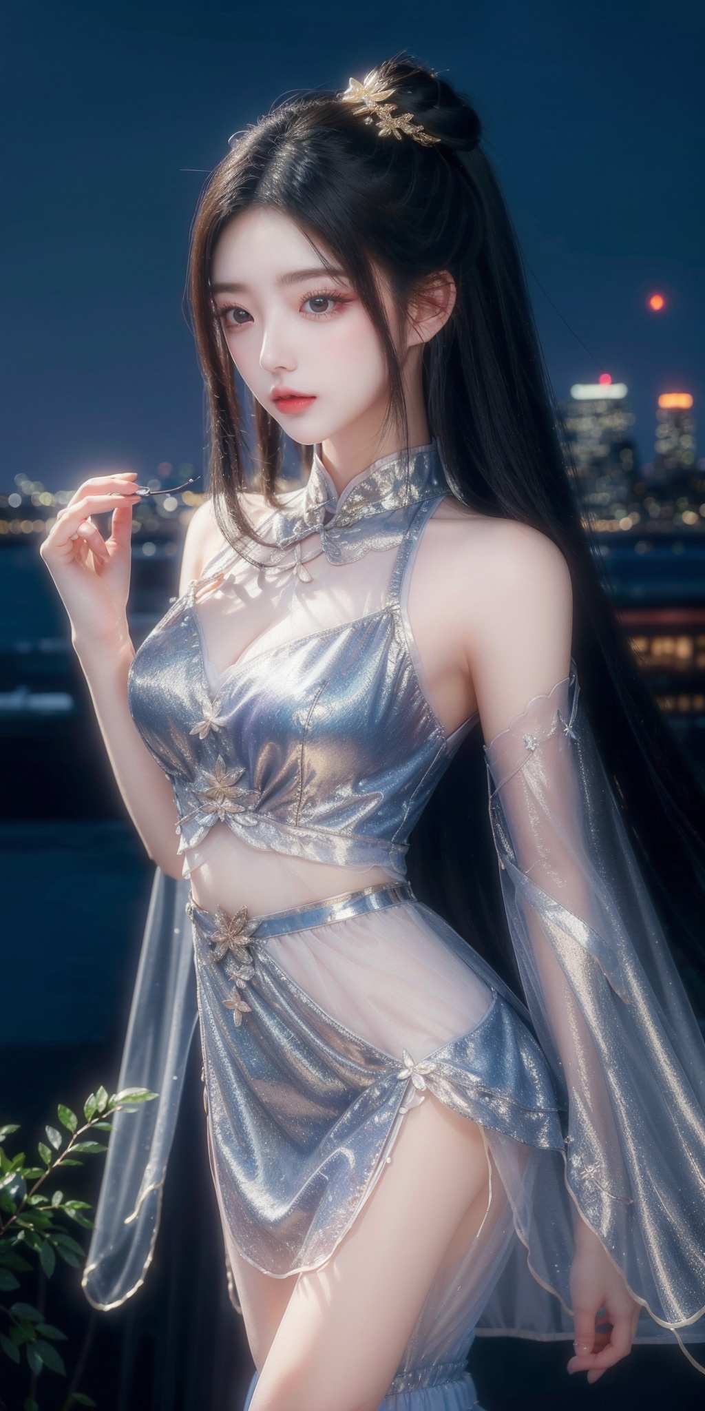 fanxing, liuli2, ((best quality)),((masterpiece)), 20-year-old girl, waist shot, gorgeous cheongsam, hair fluttering, (long hair),jewelry,  twintails, hair bun, 
chromatic dispersion, glowing colors, look at the viewer, 
(metallic_lustre:1.3),(transparent_plastic:1.1),butterfly, petal, (coloured glaze), Polychromatic pri** effect, rainbowcore, iridescence/opalescence, see_through, glowing ambianc, 
night sky city background, neon, star, standard-breast,1 girl,flowers,xuner