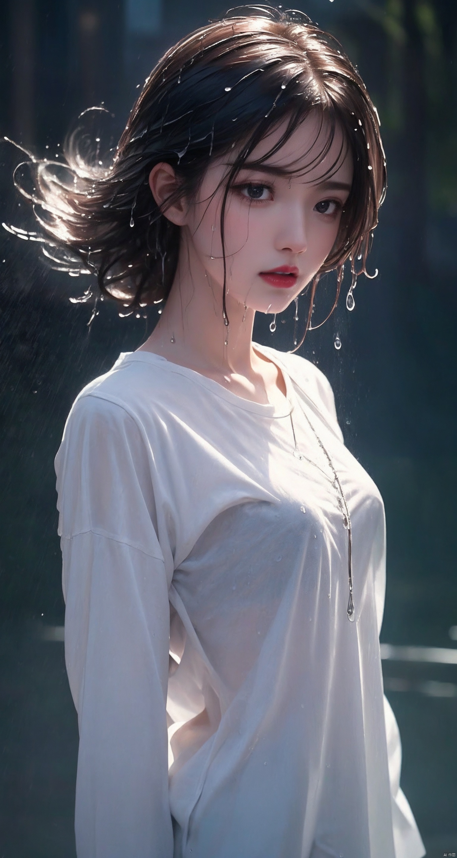  Epic CG masterpiece,stunningly beautiful,graphic tension,dynamic poses,stunning colors,3D rendering,surrealism,cinematic lighting effects,realism,00 renderer,super realistic,masterpiece,best quality,32k uhd,insane details,intricate details,hyperdetailed,hyper quality,high detail,ultra detailed,Masterpiece,
1girl,solo,glowing,Red shirt,simple background,,rain,it's soaking wet,(splash of water:1.4),,wet_hair, 1 girl