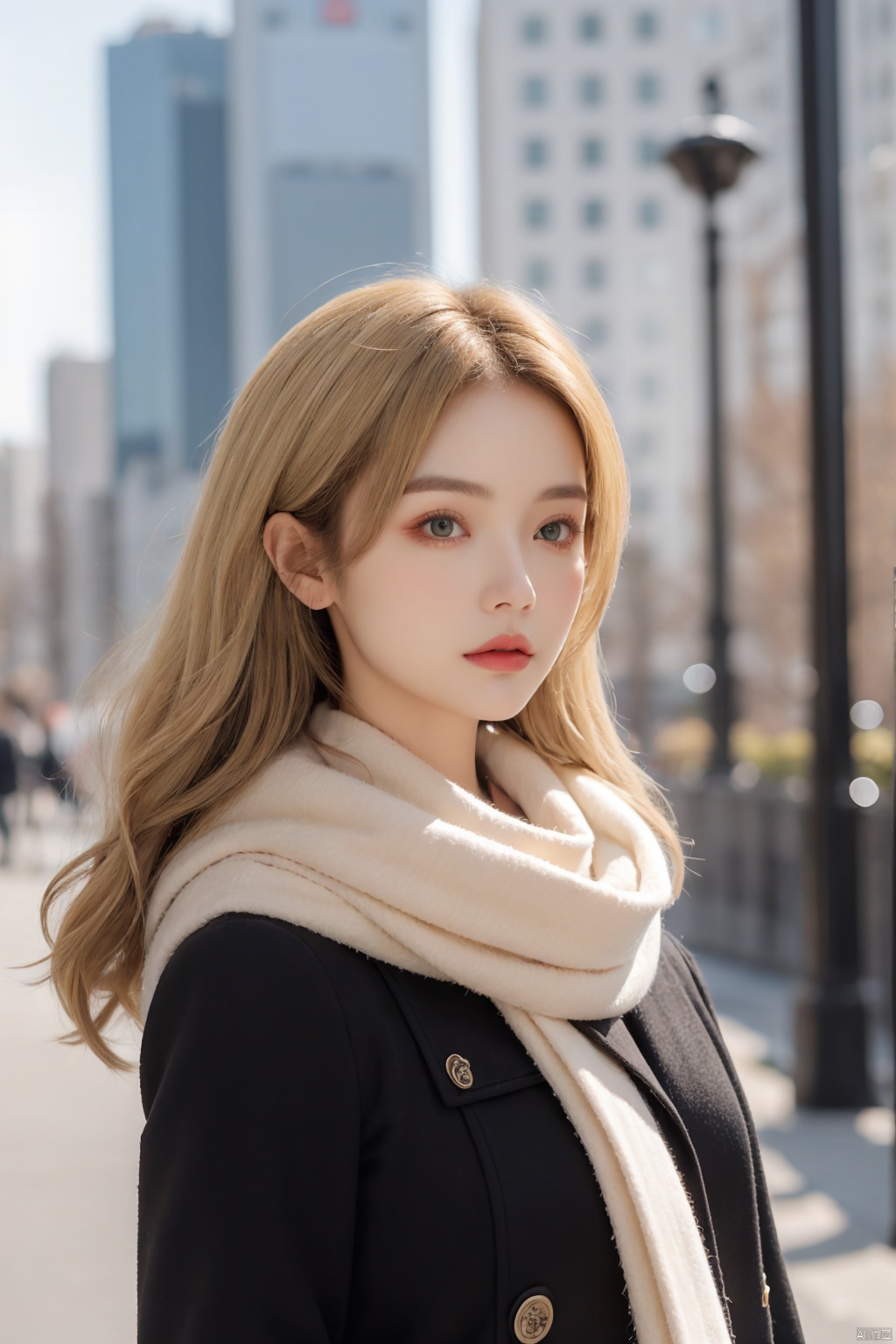  A woman wrapped in a cream-colored scarf, with a black coat draped over her shoulders. Her gaze is pensive, her blonde hair tousled by the wind, and her lips painted a bold red, against an urban backdrop., masterpiece,best quality, depth of field