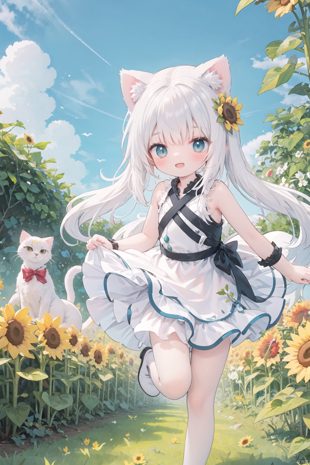  (aesthetic, digital art), a digital illustration of a lively cat-girl with long white hair, dressed in a flowing white dress, energetically running through a field of vibrant sunflowers, (anime style:1.2), playful and cheerful expression, (cat ears:1.2), endearing feline features, (sunflowers:1.3), radiant and joyful blooms, dancing in the gentle breeze, (whimsical:1.1), enchanting and magical ambiance, (flower field:1.3), an expansive meadow adorned with sunflowers as far as the eye can see, (white dress:1.2), ethereal and graceful, accentuating her youthful charm, (nature scenery:1.2), clear blue sky, lush green grass, (sunshine:1.2), warm sunlight filtering through the white dress, illuminating her delicate figure, (happiness:1.1), pure joy and liveliness, (running motion:1.2), dynamic and carefree, her long white hair trailing behind her as she dashes through the sunflower field, her petite figure adding to her adorable appeal.