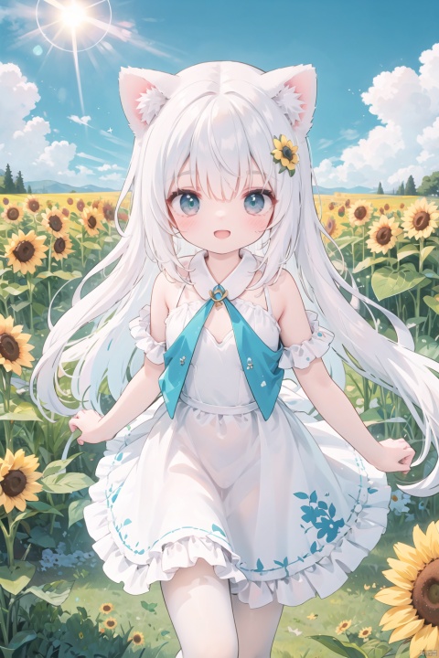  (aesthetic, digital art), a digital illustration of a lively cat-girl with long white hair, dressed in a flowing white dress, energetically running through a field of vibrant sunflowers, (anime style:1.2), playful and cheerful expression, (cat ears:1.2), endearing feline features, (sunflowers:1.3), radiant and joyful blooms, dancing in the gentle breeze, (whimsical:1.1), enchanting and magical ambiance, (flower field:1.3), an expansive meadow adorned with sunflowers as far as the eye can see, (white dress:1.2), ethereal and graceful, accentuating her youthful charm, (nature scenery:1.2), clear blue sky, lush green grass, (sunshine:1.2), warm sunlight filtering through the white dress, illuminating her delicate figure, (happiness:1.1), pure joy and liveliness, (running motion:1.2), dynamic and carefree, her long white hair trailing behind her as she dashes through the sunflower field, her petite figure adding to her adorable appeal,