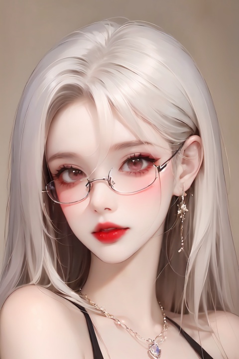  A girl, long white hair, flowing hair, bust, close-up of face, bust, fair skin, necklace, masonry, gem, ear chain, clavicle, off-the-shoulder, exquisite facial features and makeup.Red lips and delicate eye makeup.Delicate hair,Glasses, glasses,Wearing glasses,
( Best Quality: 1.2 ), ( Ultra HD: 1.2 ), ( Ultra-High Resolution: 1.2 ), ( CG Rendering: 1.2 ), Wallpaper, Masterpiece, ( 36K HD: 1.2 ), ( Extra Detail: 1.1 ), Ultra Realistic, ( Detail Realistic Skin Texture: 1.2 ), ( White Skin: 1.2 ), Focus, Realistic Art,liuguang,liuguang,bankuang