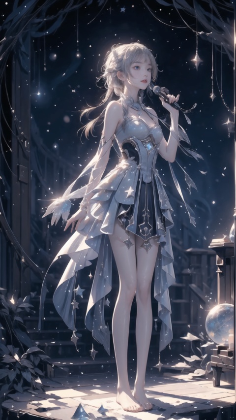  ((blue, silver, glimmer)), limited palette, contrast, phenomenal aesthetic, best quality, sumptuous artwork, (masterpiece), (best quality), (ultra-detailed), ((an extremely delicate and beautiful)), (detailed light), 1girl, cold theme, broken glass, broken wall, ((an array of stars)), ((starry sky)), the Milky Way, star, Reflecting the starry water surface, white hair, blinking, noline art, full Glass sphere, braid, barefoot, float, closed mouth, constel lation, flat color, holding, holding wand, looking up, standing, male focus, standing, solo, space, universe, utaite(singer), Nebula, many stars, cute girl, lumine (genshin impact), wangyushan