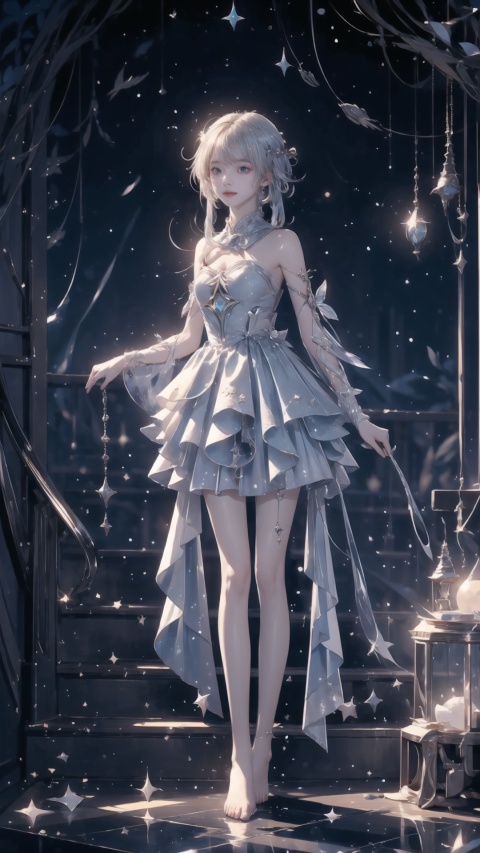  ((blue, silver, glimmer)), limited palette, contrast, phenomenal aesthetic, best quality, sumptuous artwork, (masterpiece), (best quality), (ultra-detailed), ((an extremely delicate and beautiful)), (detailed light), 1girl, cold theme, broken glass, broken wall, ((an array of stars)), ((starry sky)), the Milky Way, star, Reflecting the starry water surface, white hair, blinking, noline art, full Glass sphere, braid, barefoot, float, closed mouth, constel lation, flat color, holding, holding wand, looking up, standing, male focus, standing, solo, space, universe, utaite(singer), Nebula, many stars, cute girl, lumine (genshin impact), wangyushan