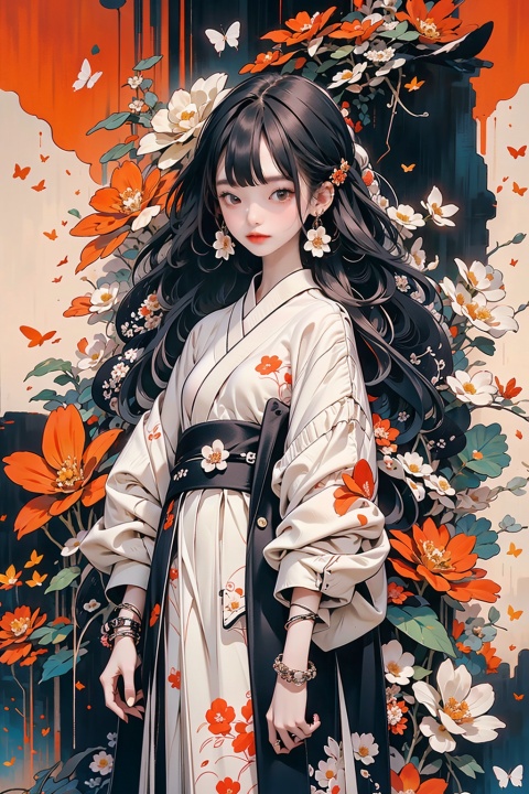  1girl, solo, Chinese clothes,

long hair, butterfly, pale skin, bug, black hair, Hanfu, hime cut, bangs, bracelet, blunt bangs, jewelry, red eyes, (flower Theme),cowboy shot, (alive skin)