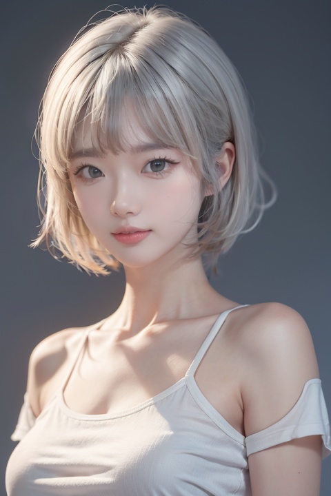  masterpiece,best quality,4k,realistic,1girl,solo,short hair,looking_at_viewer,blue eyes,upper body,simple background,t-shirt,white hair,