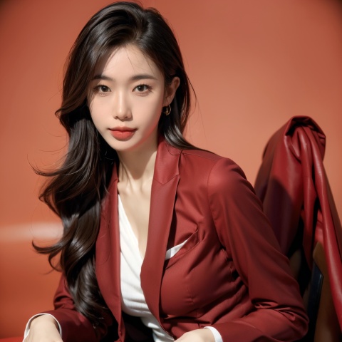  Girl, suit, pretty face, (photo reality: 1.3) , Edge lighting, (high detail skin: 1.2) , 8K Ultra HD, high quality, high resolution, best ratio four fingers and one thumb, (photo reality: 1.3) , wear a red suit jacket, white shirt inside, large breasts, solid color background, solid red background, high-grade feeling, texture pull full, 1 girl