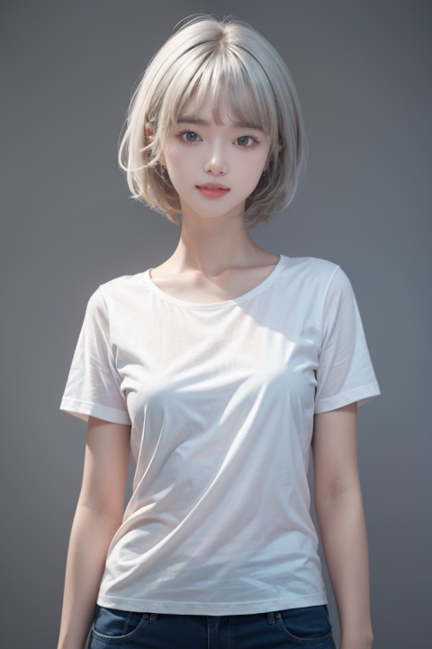  masterpiece,best quality,4k,realistic,1girl,solo,short hair,looking_at_viewer,blue eyes,upper body,simple background,t-shirt,white hair,