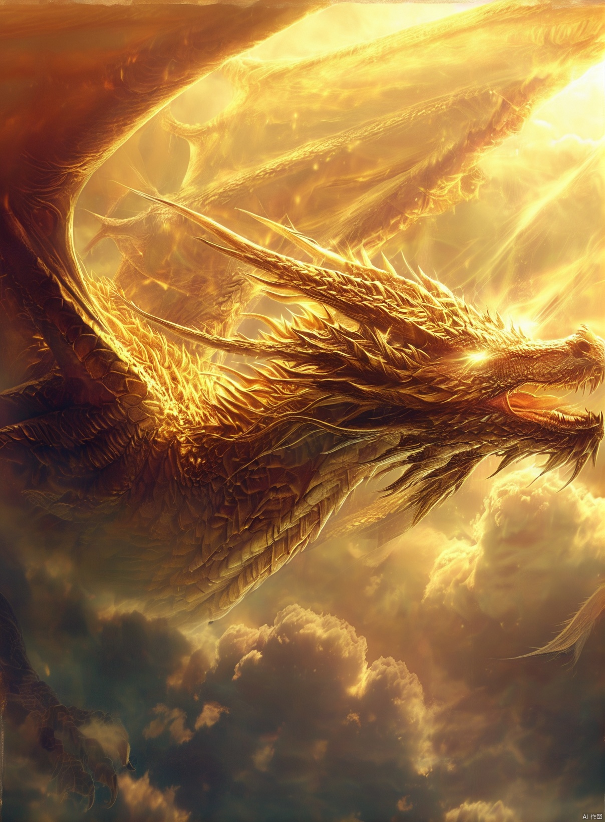  a majestic dragon soaring through the clouds. The dragon is depicted in a golden hue, with intricate scales and sharp, glowing eyes. Its wings are spread wide, and it appears to be in a state of flight, with the clouds below it. The backdrop is a dramatic sky with a mix of golden and dark clouds, creating a sense of depth and vastness. The overall ambiance of the image is ethereal and fantastical 