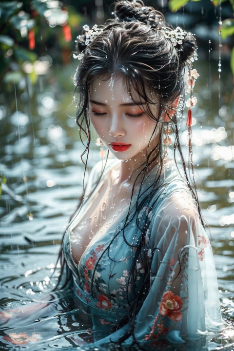  1girl, solo, closed eyes, black hair, wet, water, hair ornament, long hair, chinese clothes, wet clothes, upper body, closed mouth, breasts, blurry, hair bun, lips, hanfu, red lips, rain, wet hair, partially submerged, blurry background, realistic, collarbone, cleavage, single hair bun