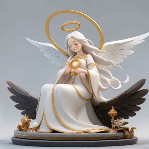  The image showcases a beautifully crafted figurine of an angelic character. The angel has long, flowing white hair, closed eyes, and is adorned with a halo. She is seated on a cloud-like structure, with wings spread out on either side. The angel is wearing a white dress with gold accents, and she holds a small object, possibly a gem or a trinket, in her hands. The background is dark, emphasizing the character and the details of her attire.