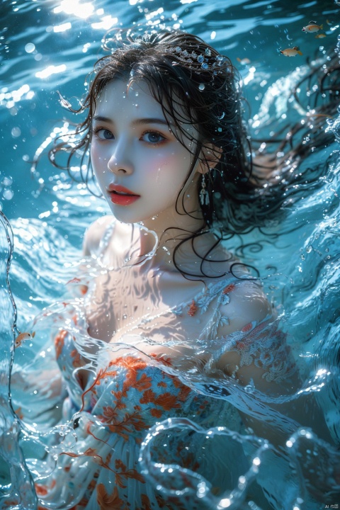  1girl, solo, long hair, looking at viewer, blue eyes, dress, water, white dress, floating hair, lips, upper body, realistic, brown hair, red lips, black hair, blurry, breasts, parted lips, bare shoulders, jewelry, collarbone, underwater