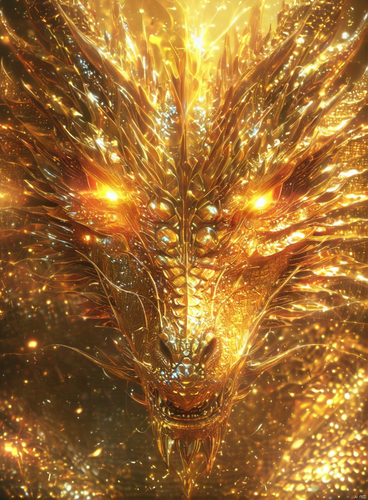  a majestic and intricately detailed dragon, seemingly made of gold or a similar shimmering material. The dragon's face is prominently displayed, with its eyes glowing a bright, fiery orange. The scales of the dragon are meticulously crafted, reflecting light and giving it a shimmering appearance. The background is filled with golden particles, possibly representing sparks or embers, adding to the ethereal and magical ambiance of the scene