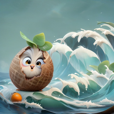 Coconut chicken,The image showcases a whimsical scene where a creature resembling a coconut with large, expressive eyes is peeking out from a woven, coconut-like shell. The creature has a white face, large black eyes, and a tuft of green leaves on its head. The background depicts a serene blue ocean with waves crashing, and there are a few floating green leaves and a small orange fruit near the creature.
