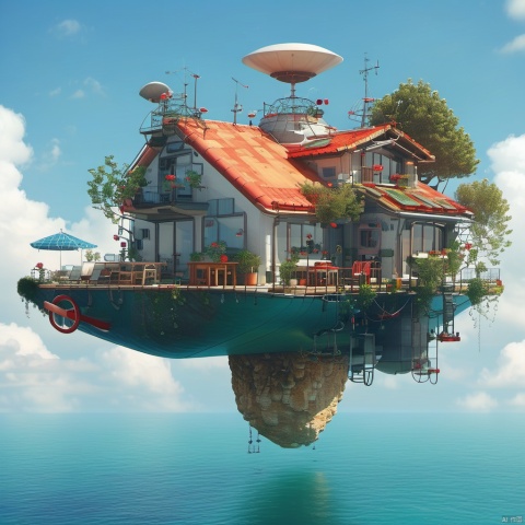 The image showcases a whimsical and intricately designed house that appears to be floating above the water. The house has multiple levels, with a prominent red-tiled roof, multiple windows, and various decorative elements. There are antennas, a satellite dish, and other technological devices attached to the house. The house is surrounded by a deck with seating, plants, and a table. Below the house, there's a large rock formation that supports the house. The backdrop is a serene blue sky with fluffy white clouds.