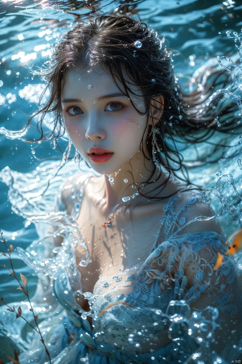  1girl, solo, long hair, looking at viewer, blue eyes, dress, water, white dress, floating hair, lips, upper body, realistic, brown hair, red lips, black hair, blurry, breasts, parted lips, bare shoulders, jewelry, collarbone, underwater