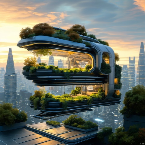  The image showcases a futuristic architectural design of a multi-level building. The building appears to be suspended or floating above the ground, with its lower levels showcasing greenery and plants. The upper levels have large glass windows, allowing for a panoramic view of the cityscape below. The building is illuminated with a warm, orange glow, contrasting with the cooler tones of the surrounding environment. The skyline in the background features tall skyscrapers, and the sun is setting, casting a golden hue over the scene