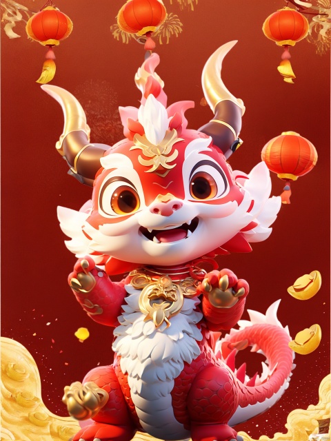  chinese new year,couplets, holding couplets,HTTP, fangs, solo, paper lantern, dragon, horns, open mouth, chinese new year, no humans, lantern, looking at viewer, smile, eastern dragon, claws, dragon horns, fireworks, banner, golden treasure, HTTP