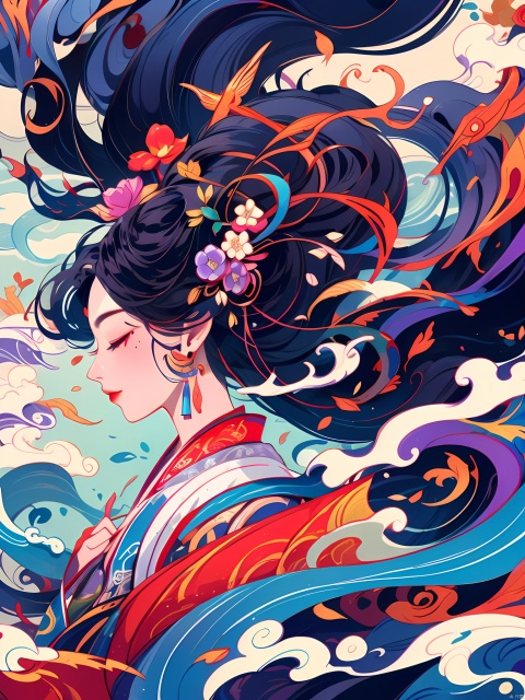  HTTP, 1girl, solo, long hair, closed eyes, chinese dress, hair ornament, hanfu, floating hair, waves, black hair, profile, upper body, makeup, from side, red lips, blue-purple theme