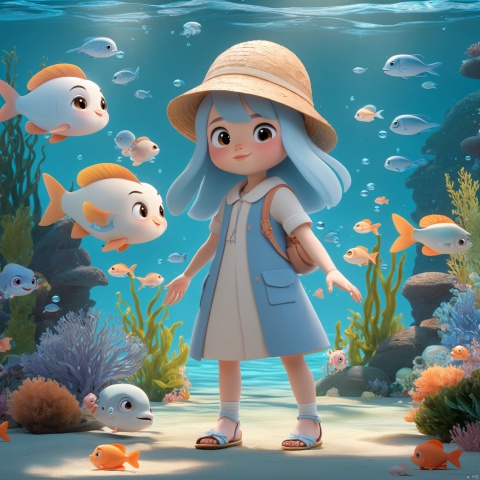  The image showcases a 3D animated character, presumably a girl, surrounded by various aquatic creatures. The character has pale blue hair, large, expressive eyes, and is dressed in a light blue outfit. She wears a hat adorned with fish, and her shoes are blue with white laces. The background is a soft blue hue, and there are bubbles floating around her. The overall ambiance of the image is serene and dreamy, with the character appearing to be in a peaceful underwater environment.