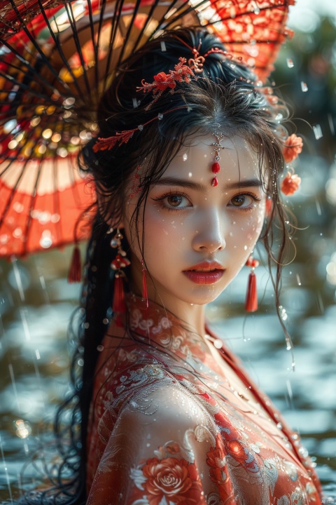  1girl, solo, umbrella, black hair, hair ornament, blurry, looking at viewer, red lips, oil-paper umbrella, brown eyes, blurry background, long hair, realistic, jewelry, lips, flower, upper body, earrings, chinese clothes, depth of field, makeup