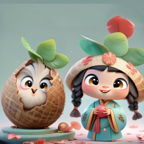 Coconut chicken,The image showcases two animated characters. On the left is a creature resembling a Chicken with large, expressive eyes and a coconut shell-like body. The creature has green leaves sprouting from its head. On the right is a young girl with a cheerful expression, wearing a traditional outfit with a hat adorned with symbols and a red ribbon. She has a pink bow in her hair and is holding a small object in her hand. The background is a muted teal color, and there are scattered petals on the ground.