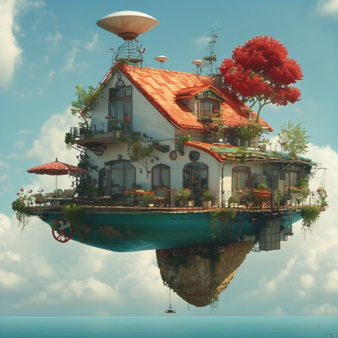  The image showcases a whimsical and intricately designed house that appears to be floating above the water. The house has multiple levels, with a prominent red-tiled roof, multiple windows, and various decorative elements. There are antennas, a satellite dish, and other technological devices attached to the house. The house is surrounded by a deck with seating, plants, and a table. Below the house, there's a large rock formation that supports the house. The backdrop is a serene blue sky with fluffy white clouds.