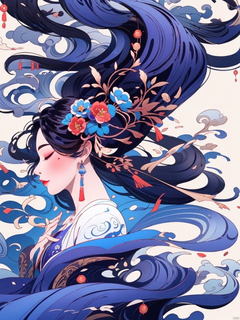  HTTP, 1girl, solo, long hair, closed eyes, chinese dress, hair ornament, hanfu, floating hair, waves, black hair, profile, upper body, makeup, from side, red lips, blue-purple theme