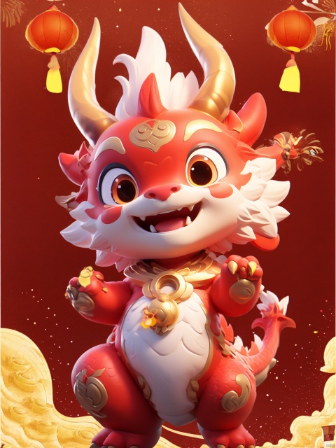  chinese new year,couplets, holding couplets,HTTP, fangs, solo, paper lantern, dragon, horns, open mouth, chinese new year, no humans, lantern, looking at viewer, smile, eastern dragon, claws, dragon horns, fireworks, banner, golden treasure, HTTP