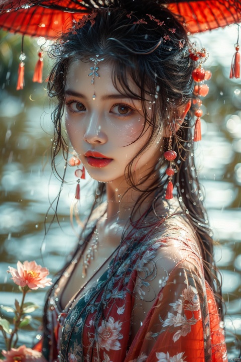  1girl, solo, umbrella, black hair, hair ornament, blurry, looking at viewer, red lips, oil-paper umbrella, brown eyes, blurry background, long hair, realistic, jewelry, lips, flower, upper body, earrings, chinese clothes, depth of field, makeup