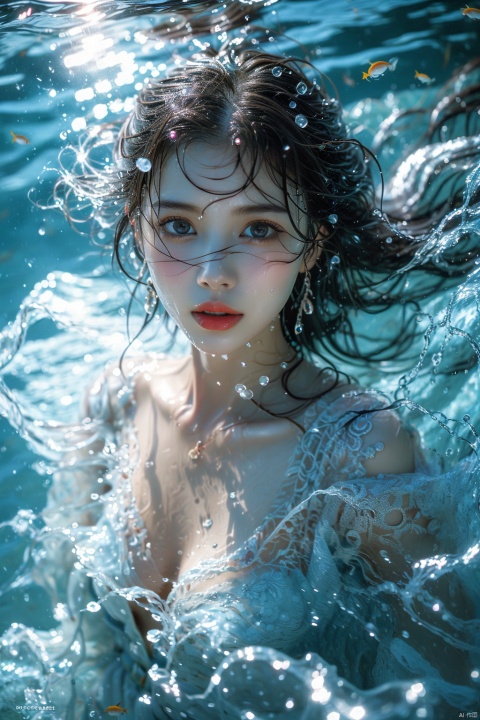  1girl, solo, long hair, looking at viewer, blue eyes, dress, water, white dress, floating hair, lips, upper body, realistic, brown hair, red lips, black hair, blurry, breasts, parted lips, bare shoulders, jewelry, collarbone, underwater