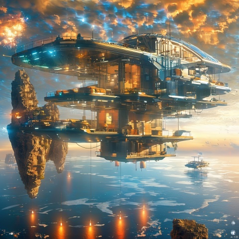 The image showcases a futuristic, multi-tiered house or structure suspended above the water. The house is equipped with various amenities, including balconies, windows, and a helipad. The architecture is intricate, with multiple levels, walkways, and various mechanical components. The house is surrounded by the vast expanse of the sea, with rocky outcrops visible in the distance. The sky is painted with hues of orange and blue, suggesting either dawn or dusk. There are also small boats or ships floating below the house, and a few fireworks or explosions can be seen near the water's surface.